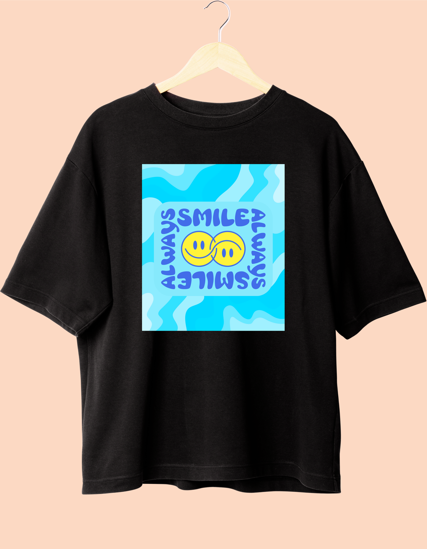 Always smile black round neck T-shirt, short sleeves