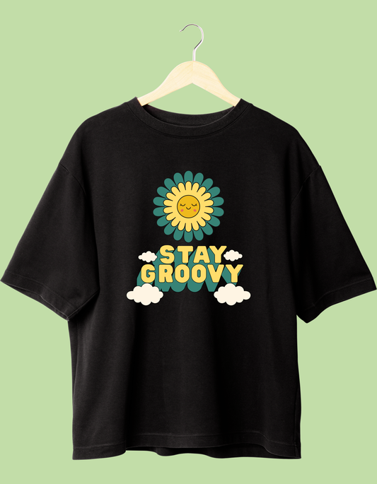 Stay Groovy black round neck unisex T-shirt, short sleeve