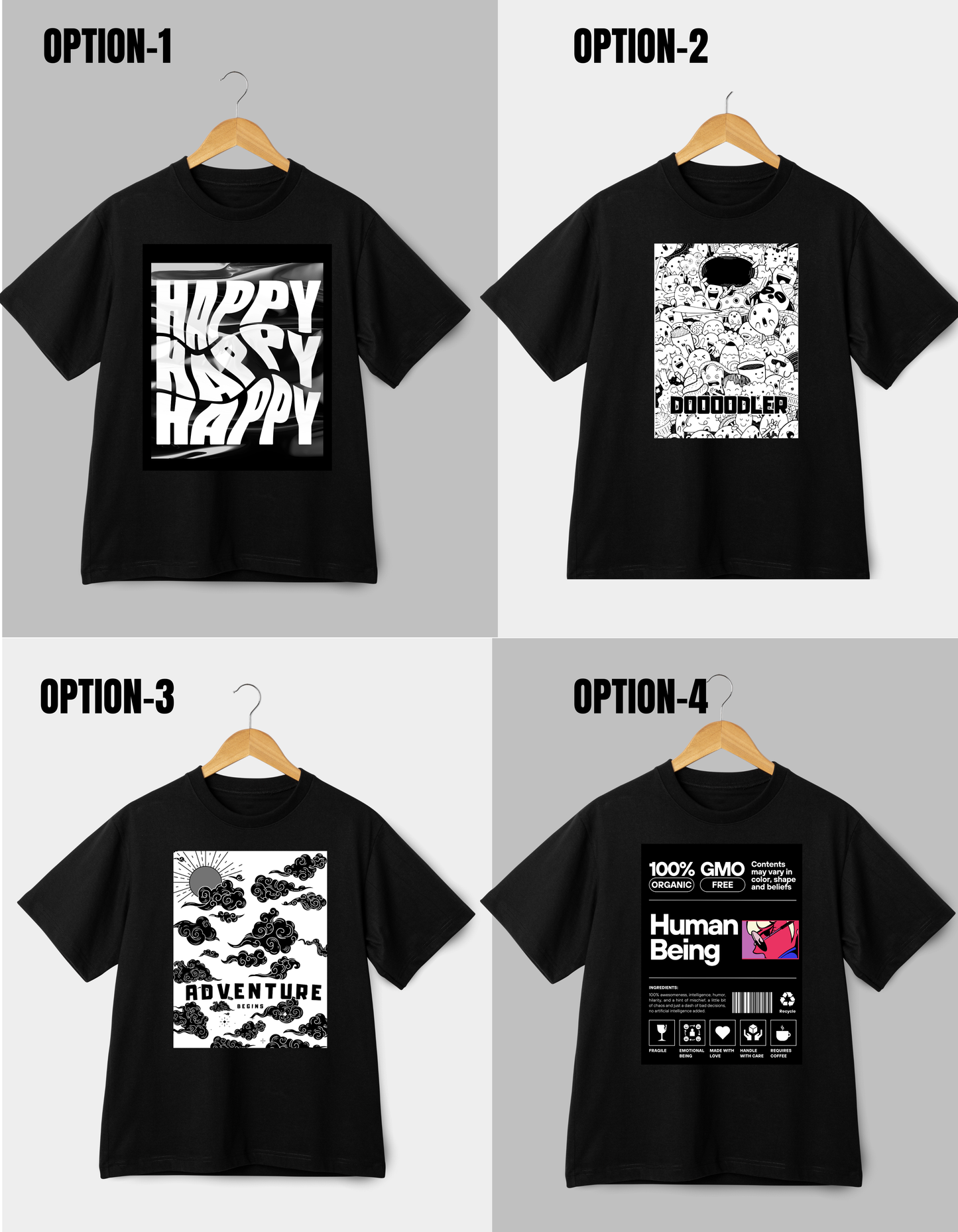 Changeable Prints T-shirt, short sleeves, Black, Front.